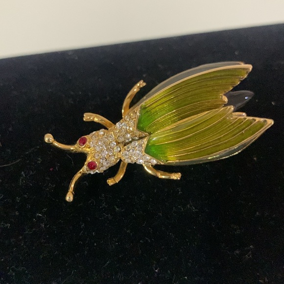 Vintage rare Erwin Pearl gold tone rhinestone & enamel bug statement pin brooch - Picture 4 of 11